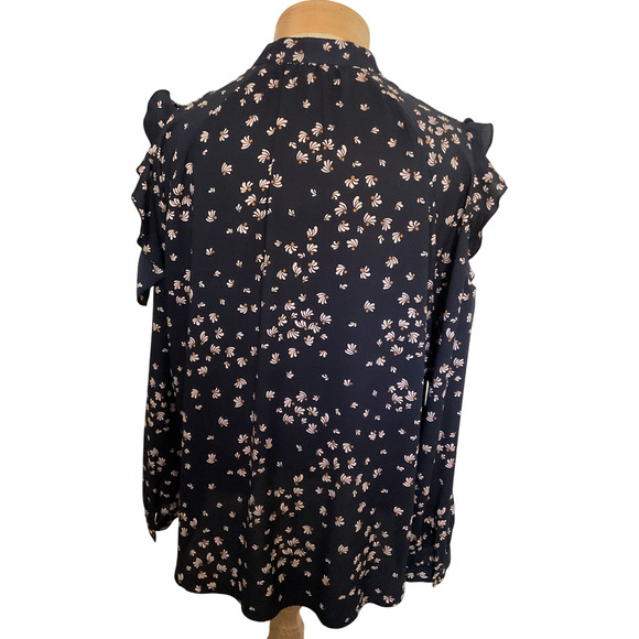 Ann Taylor Women's Large Navy Blue Blouse Floral Cold Shoulder Sleeve Polyester - Picture 2 of 11